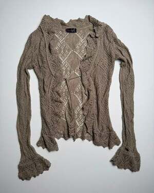 Tan Beige Crochet Ruffle Knit Cardigan Y2K Boho Tie Front Sweater Bell Cuffs